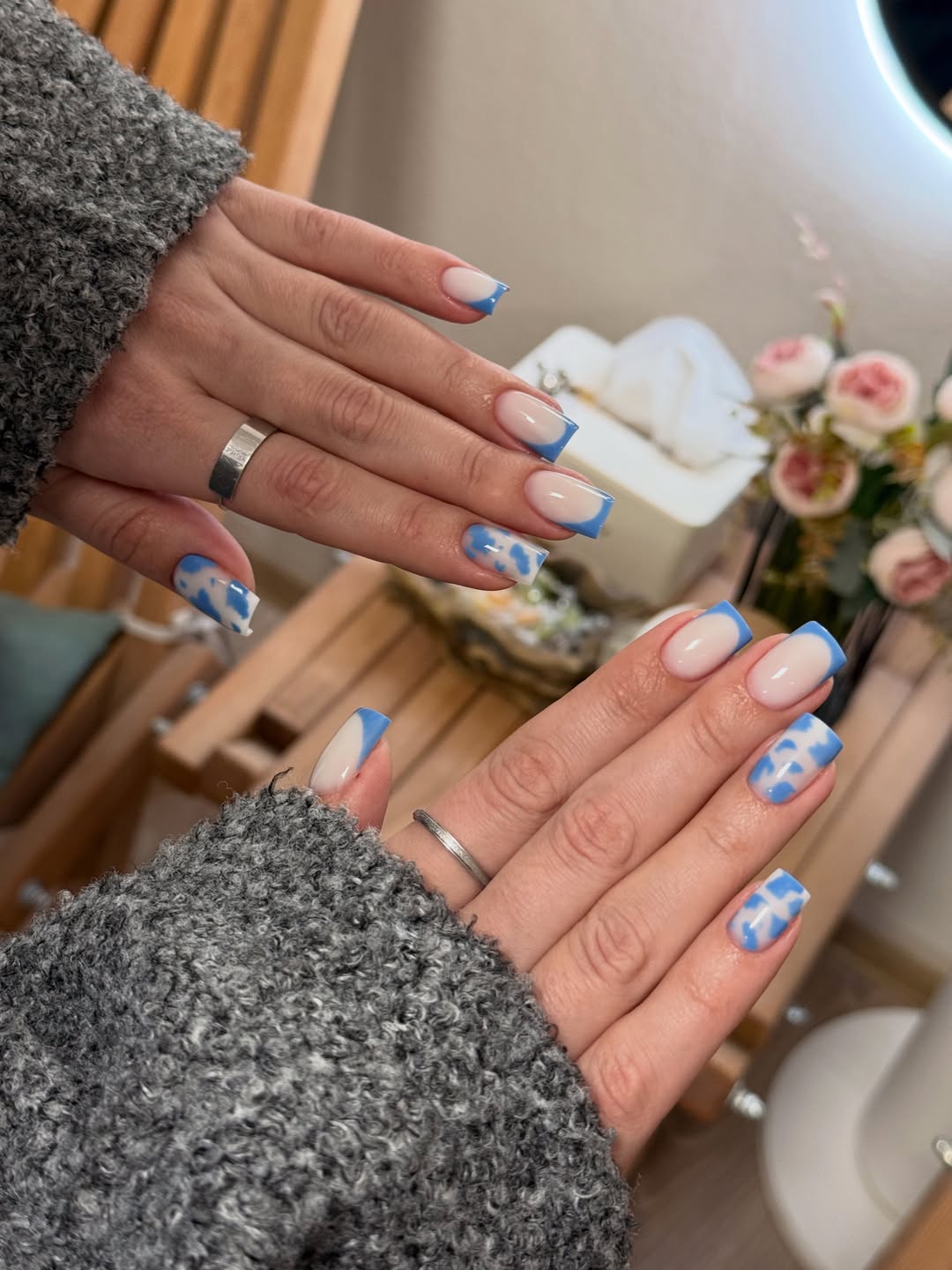Sky Blue Cloud French Tip Square Nails