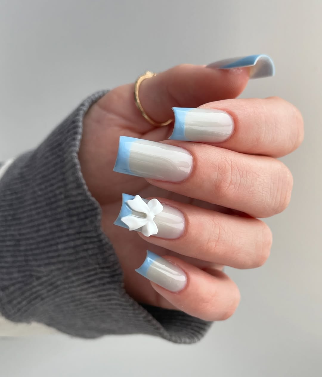 Sky Blue French Tip 3D Bow Nails