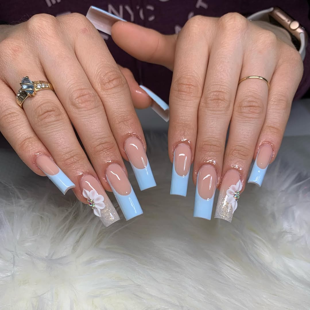 Sky Blue French Tip Coffin Nails with Floral Accent