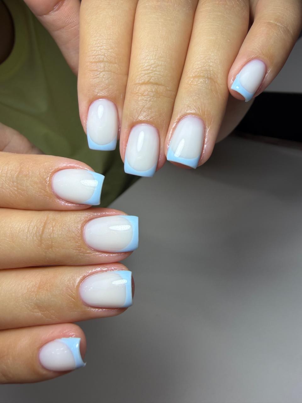 Sky Blue French Tip Milky Oval Nails