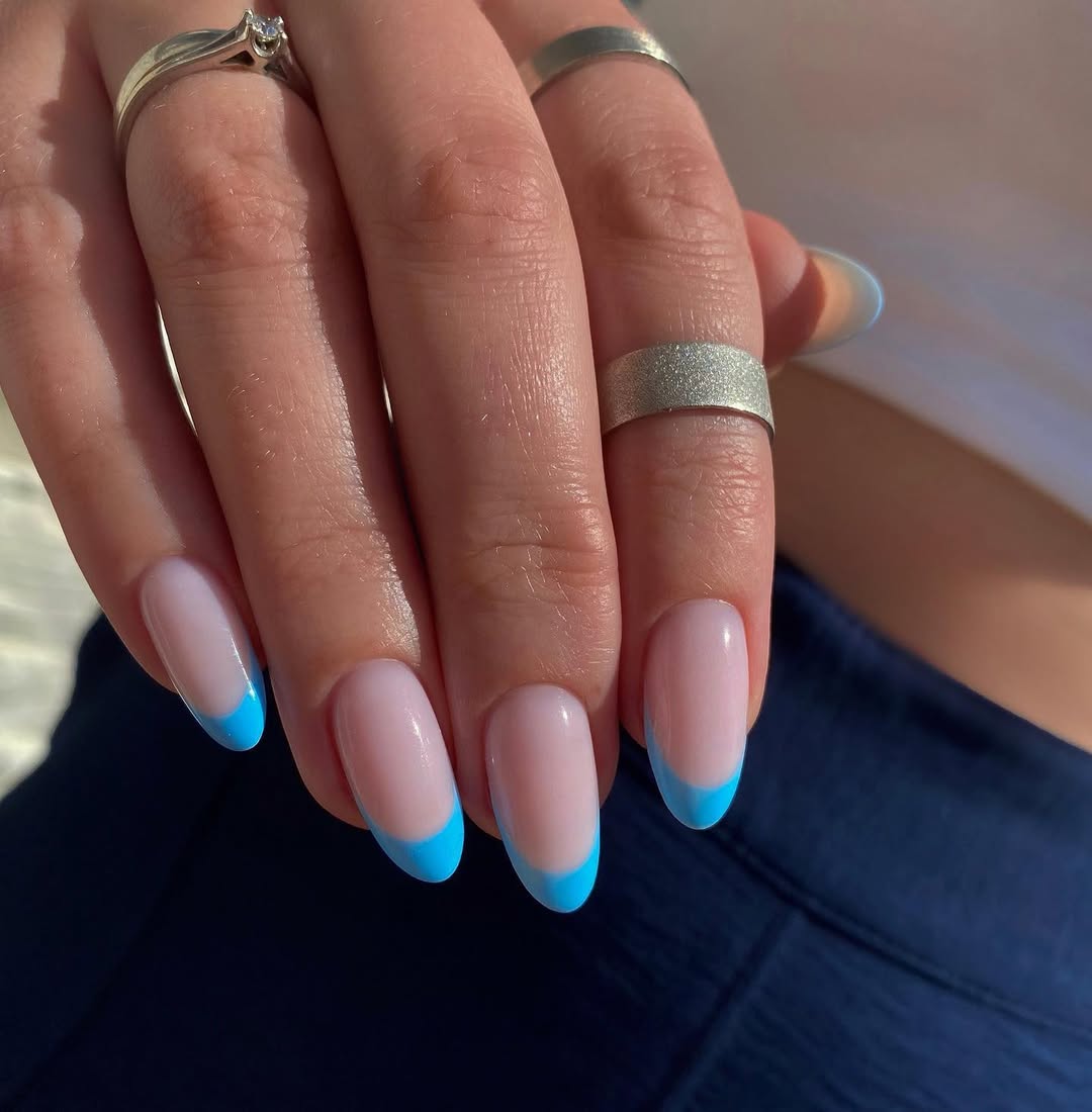Sky Blue French Tip Oval Nails