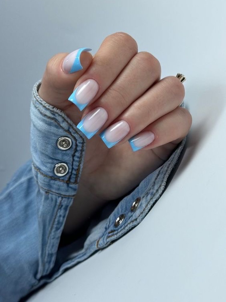 Sky Blue French Tip Square Nails