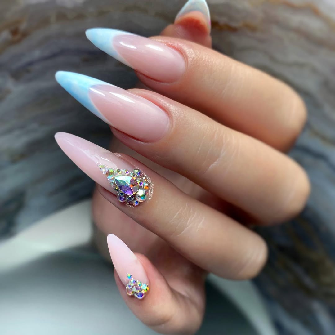 Sky Blue French Tips with Rhinestone Accents