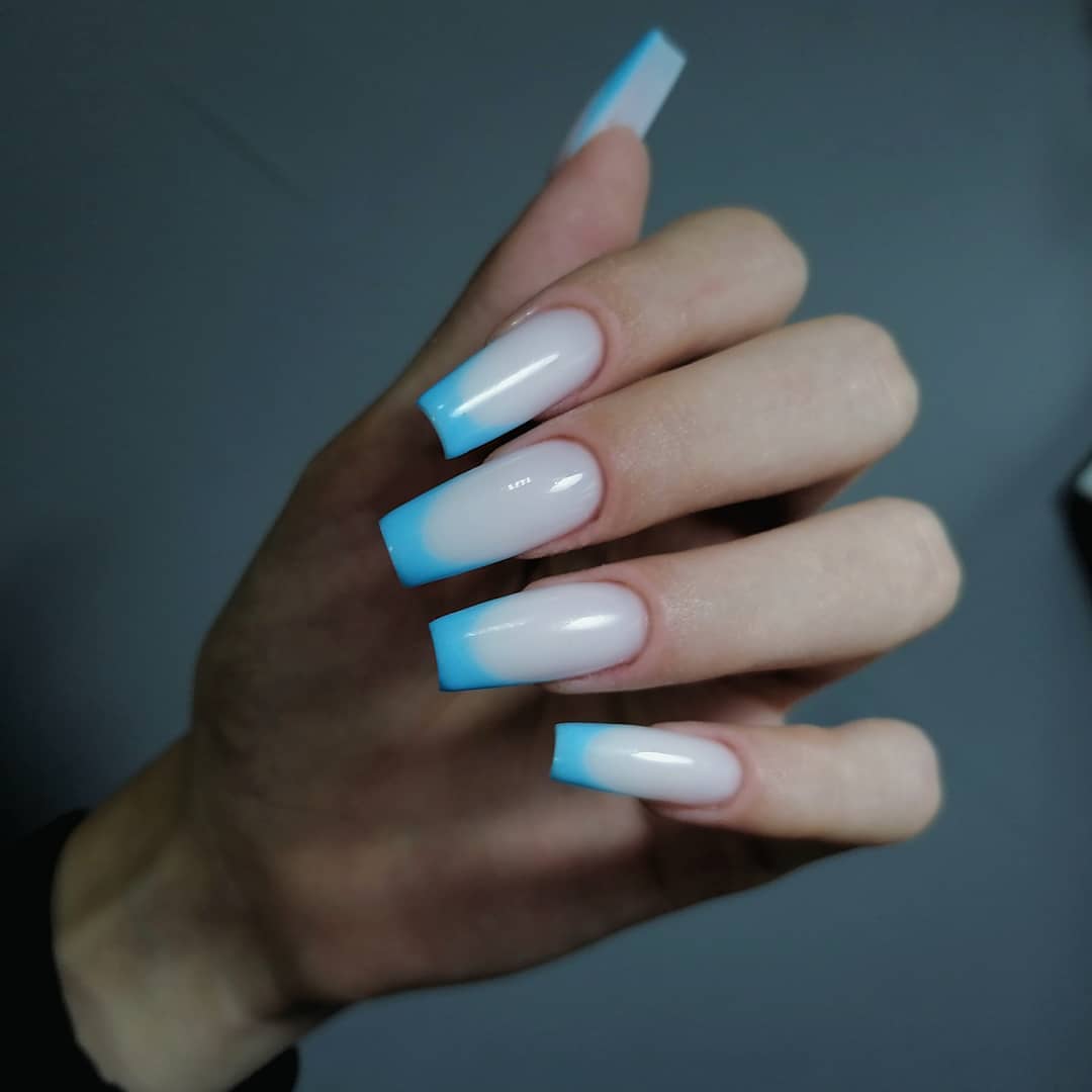 Sky Blue Glossy French Tip Long Square Nails