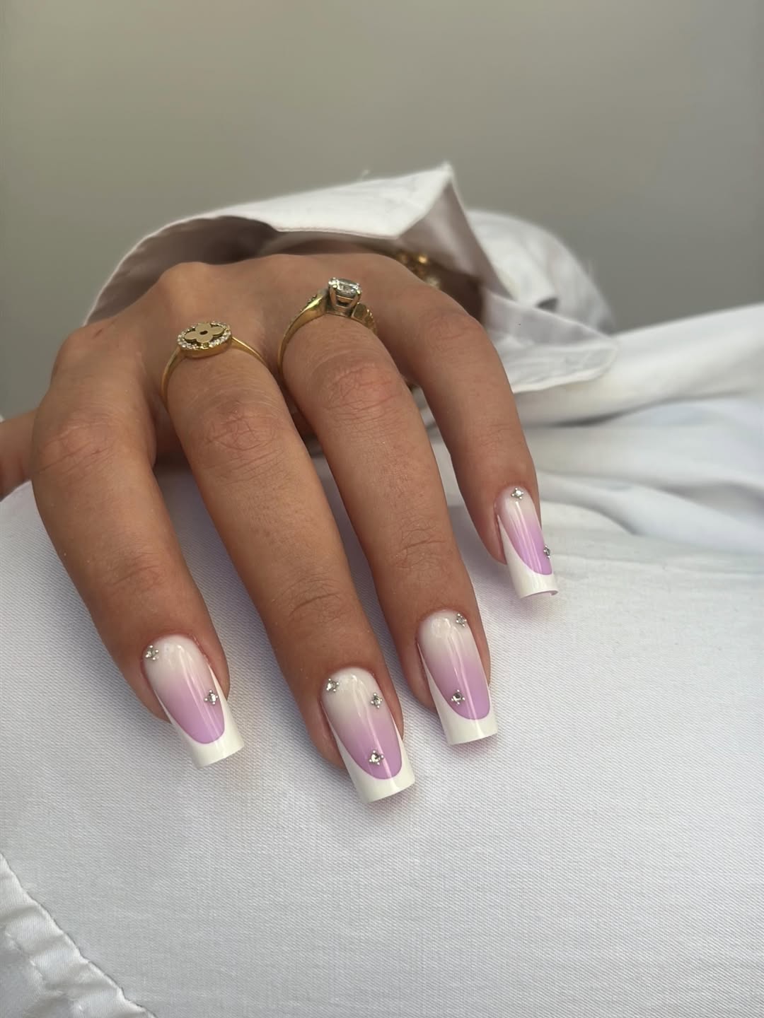 Soft Lavender Ombre French Tips with Rhinestones