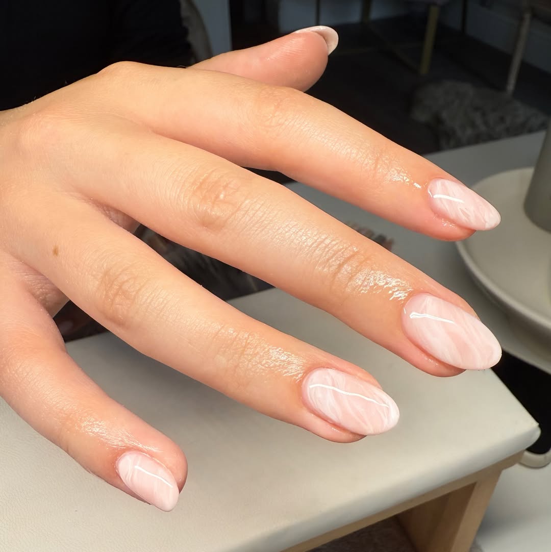 Soft Marble Swirl Almond Gel Nails