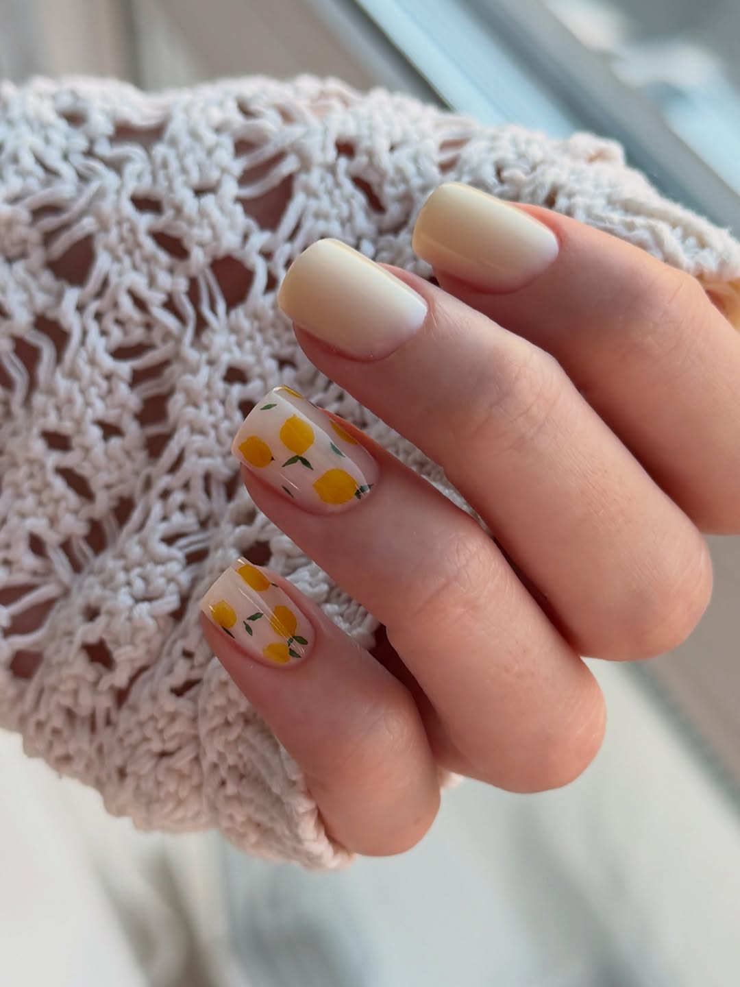 Soft Milky Lemon Hand-Painted Square Nails