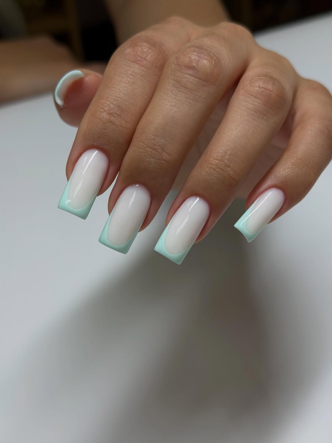 Soft Mint French Tip Ombre Square Nails