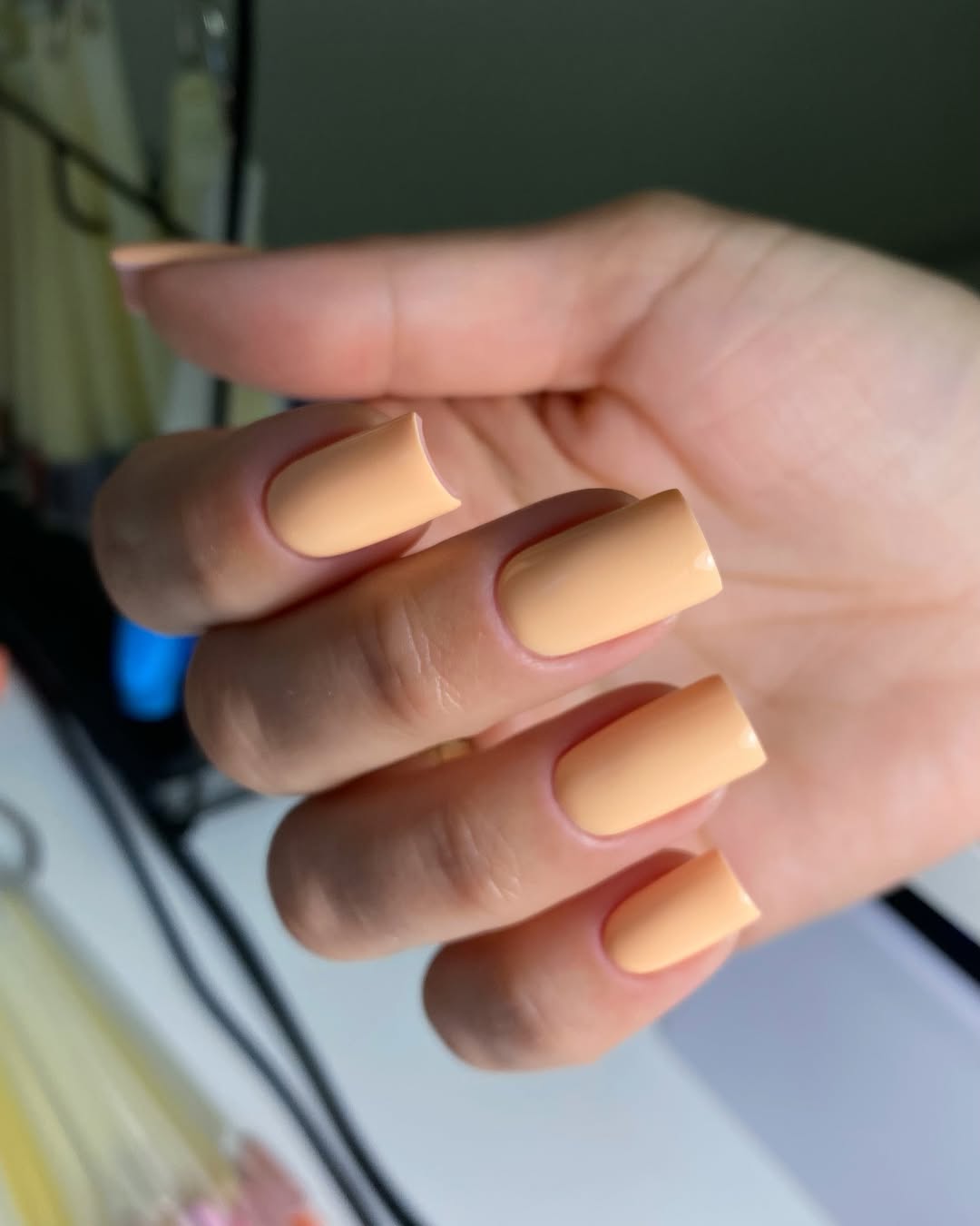 Soft Peach Glossy Long Square Nails