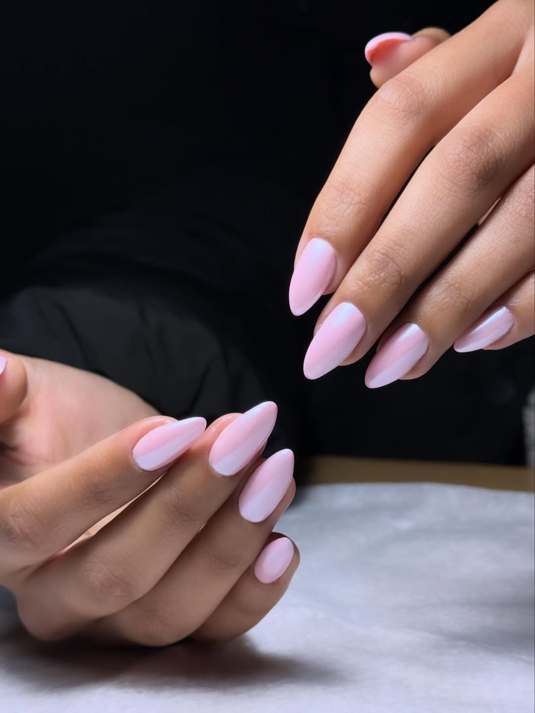 Soft Pink Chromatic Swirl Almond Nails