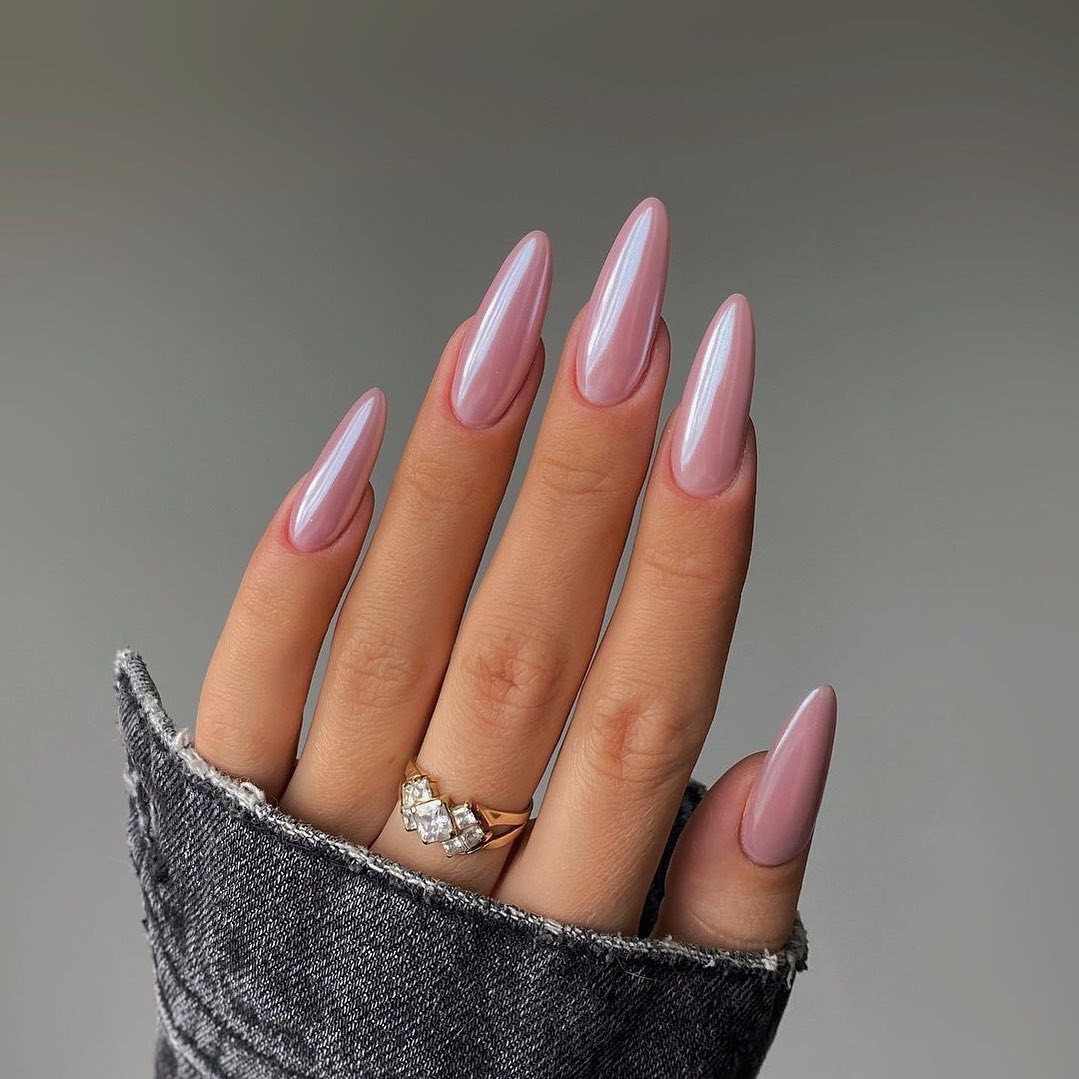 Soft Pink Chrome Long Stiletto Nails