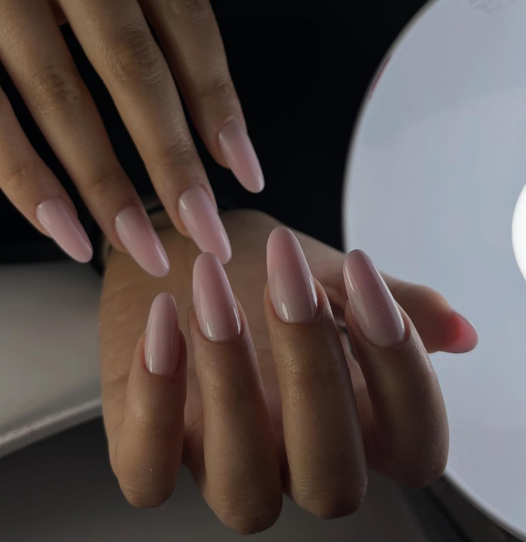 Soft Pink Milky Almond Shaped Nails