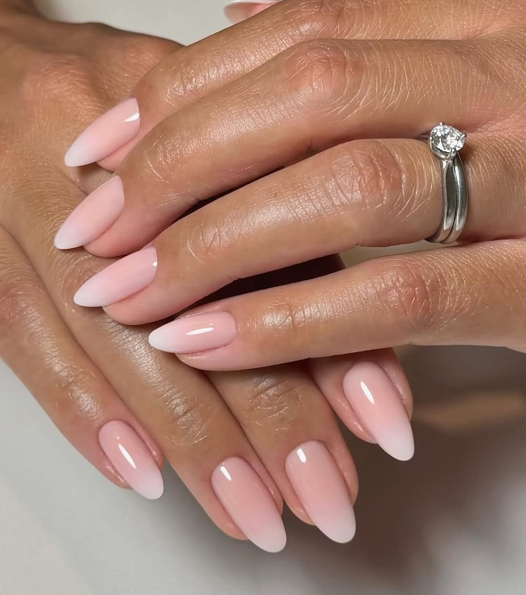 Soft Pink Milky Ombre Almond Nails
