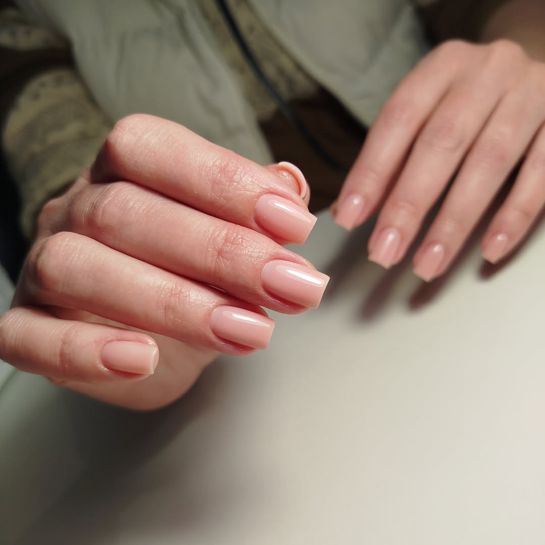 Soft Pink Milky Square Nails With Glossy Finish