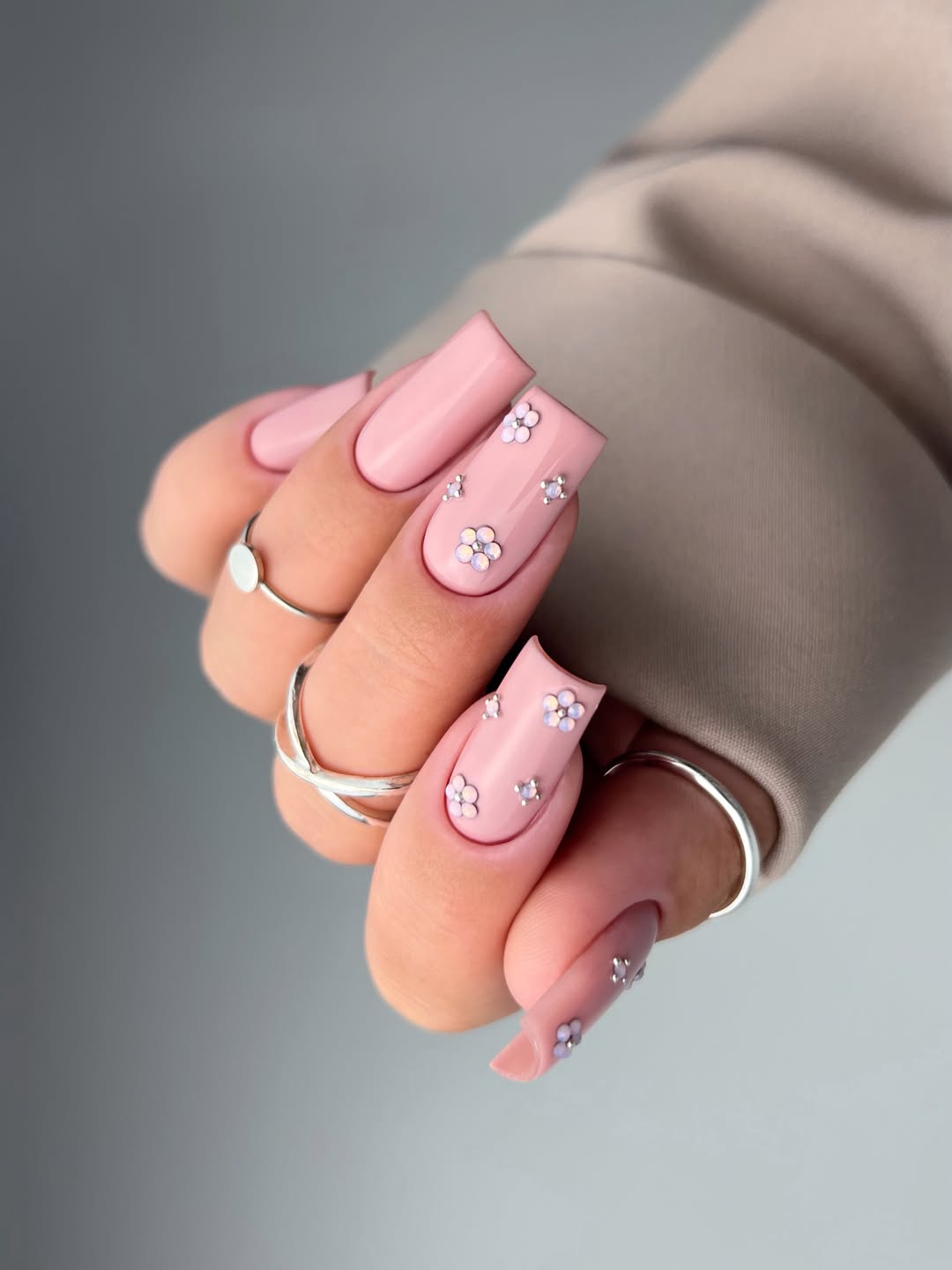 Soft Pink Square Nails With Delicate Flower Accents