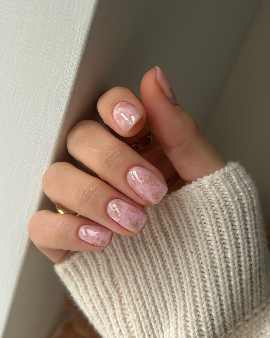 Soft Pink Swirl Marble Short Squoval Nails