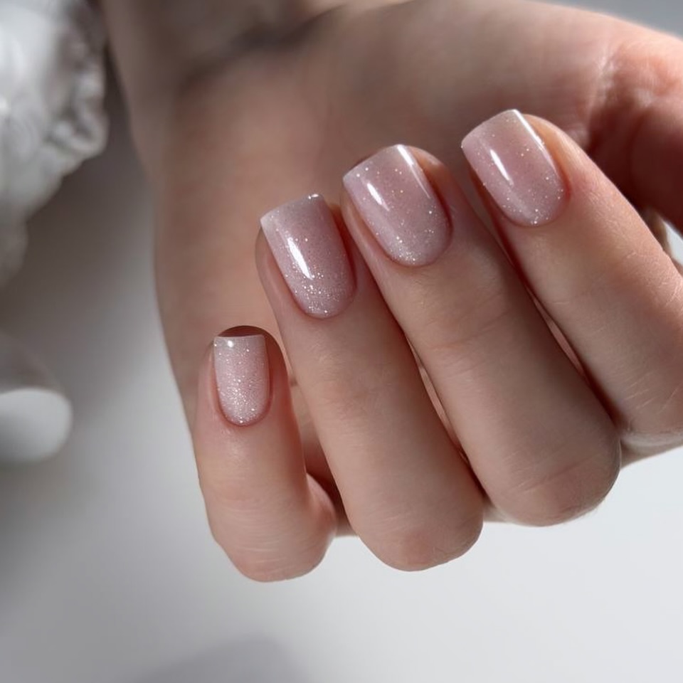 Soft Shimmer Nude Square Nails