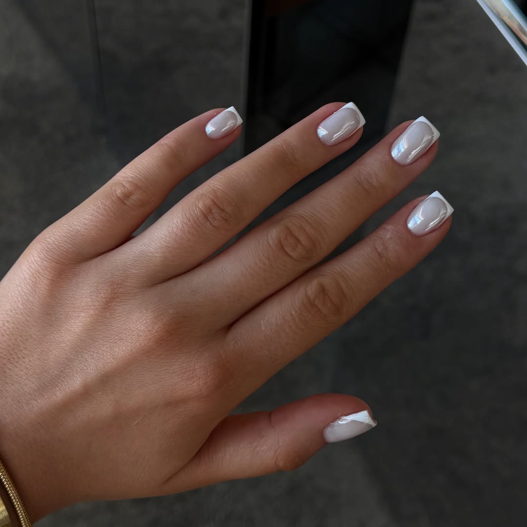 Soft White Chrome French Tip Nails