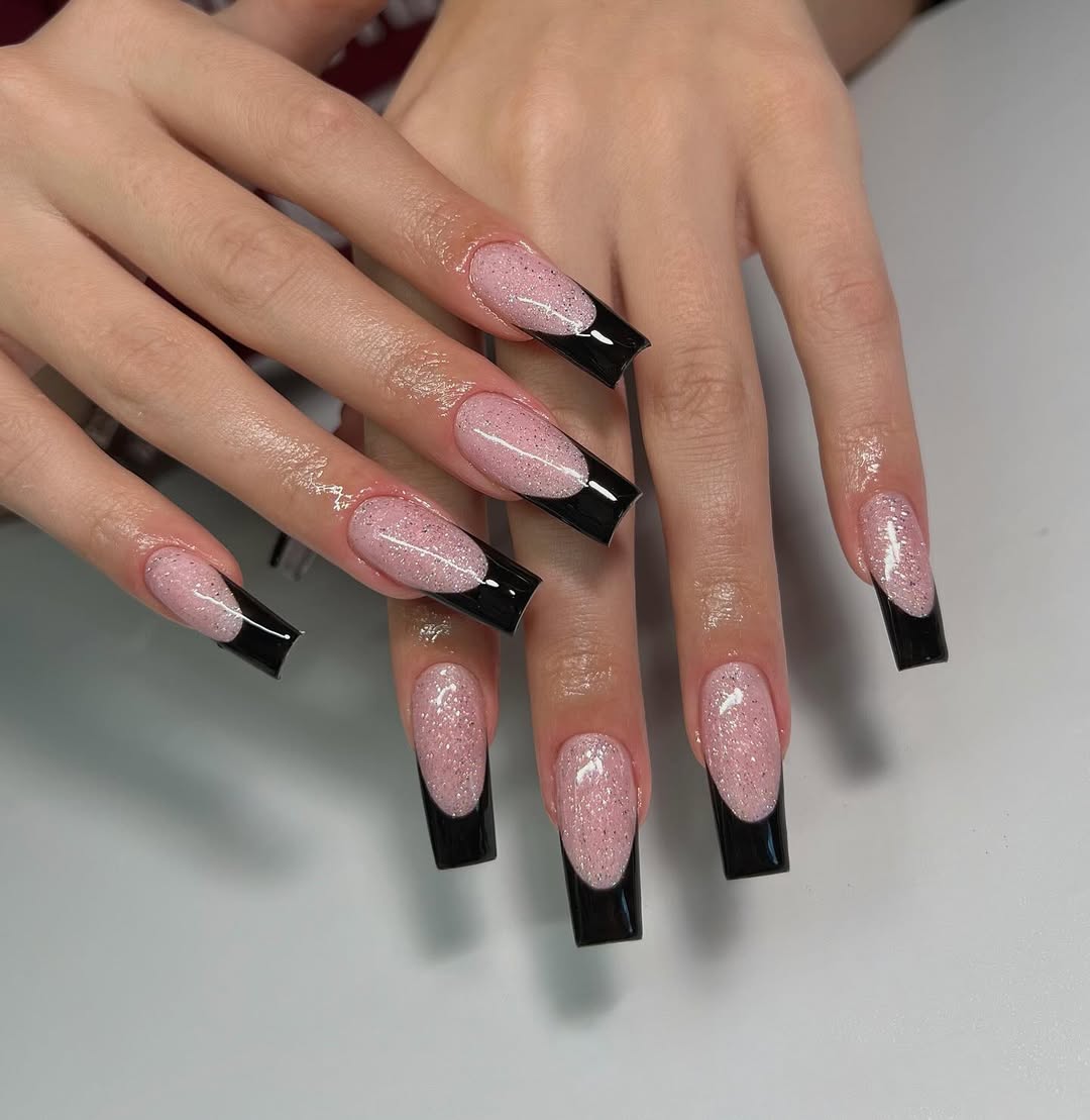 Sparkling Pink Glitter French with Black Tips