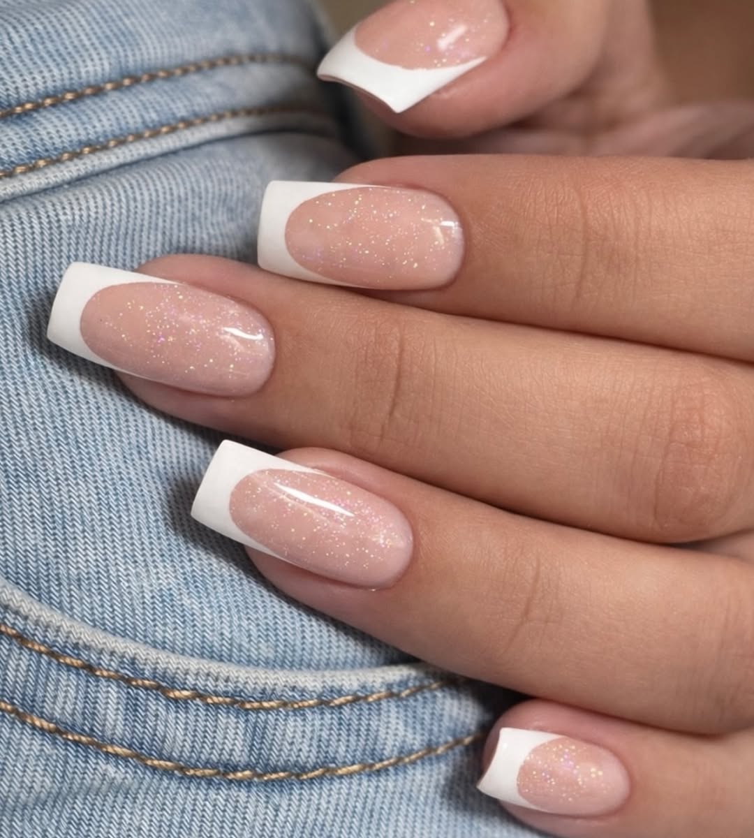Sparkly Pink Milky French Tip Almond Nails