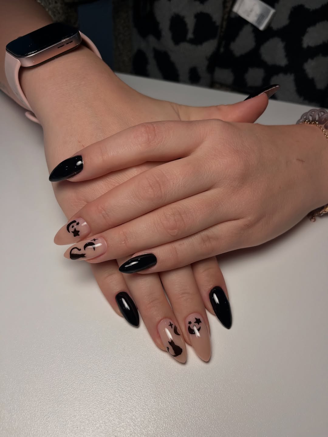 Spooky Black Cat and Moon Almond Nails