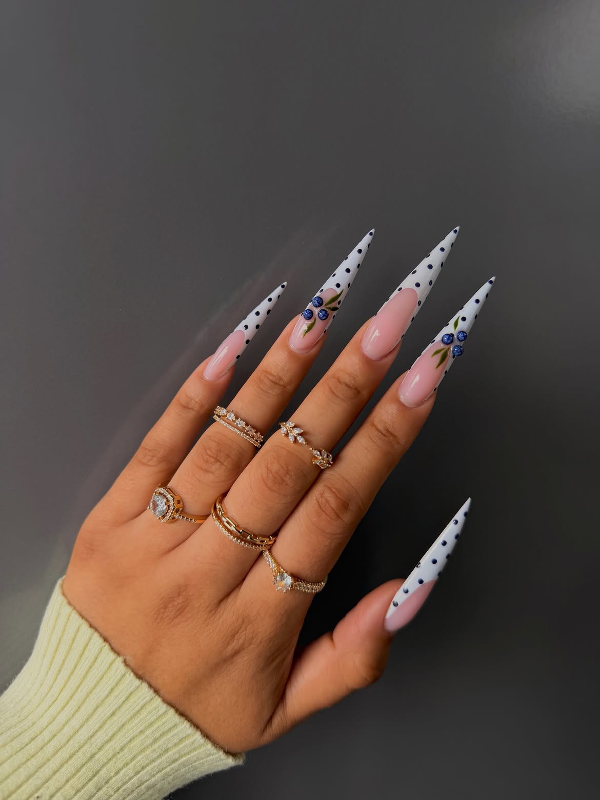 Stiletto Nails with Berry Charm & Polka Dots