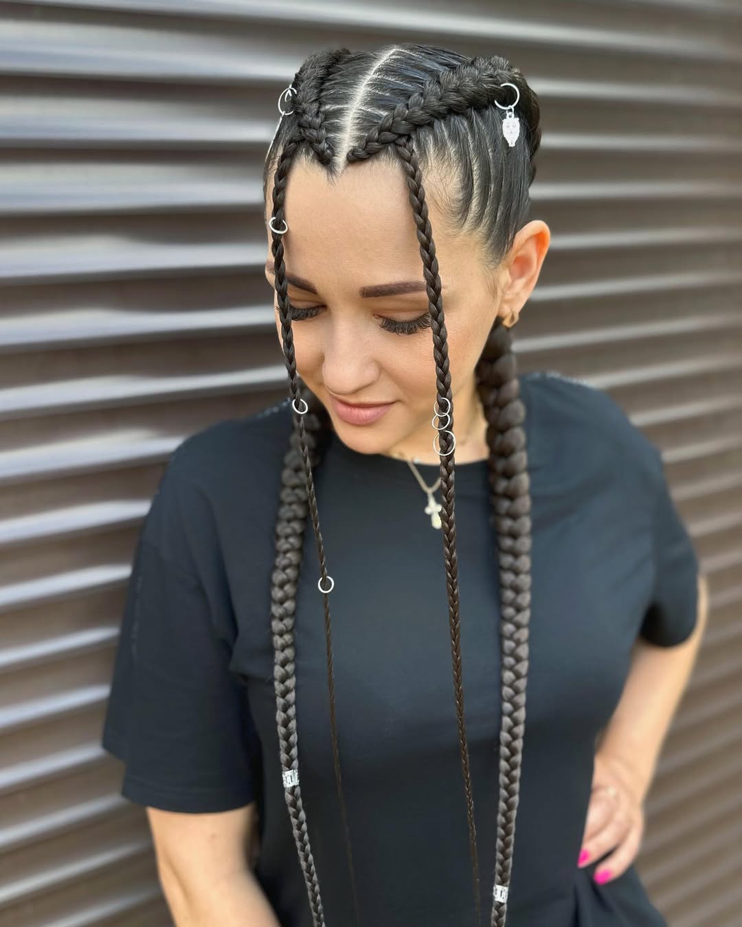 Styled Cornrow Braids With Metallic Rings