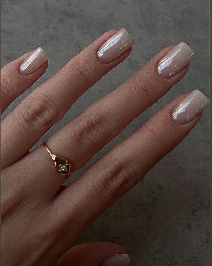 Subtle Pearl Chrome Square Nails