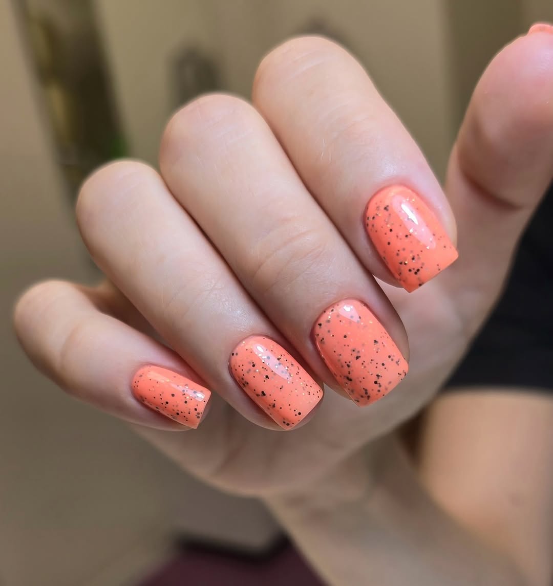 Summer Peach Glossy Speckle Square Nails