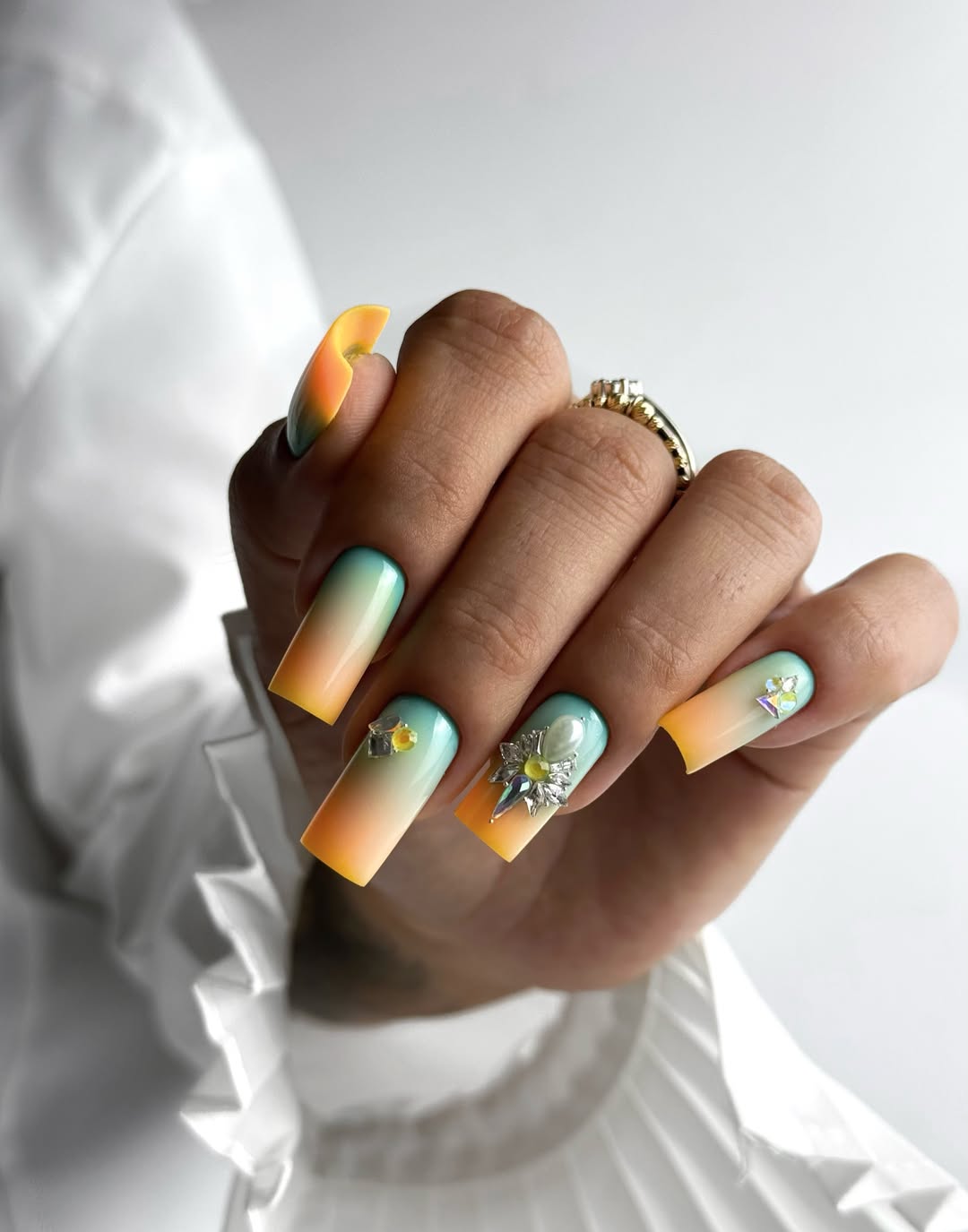 Sunset Ombre Coffin Nails With Pearl Embellishments