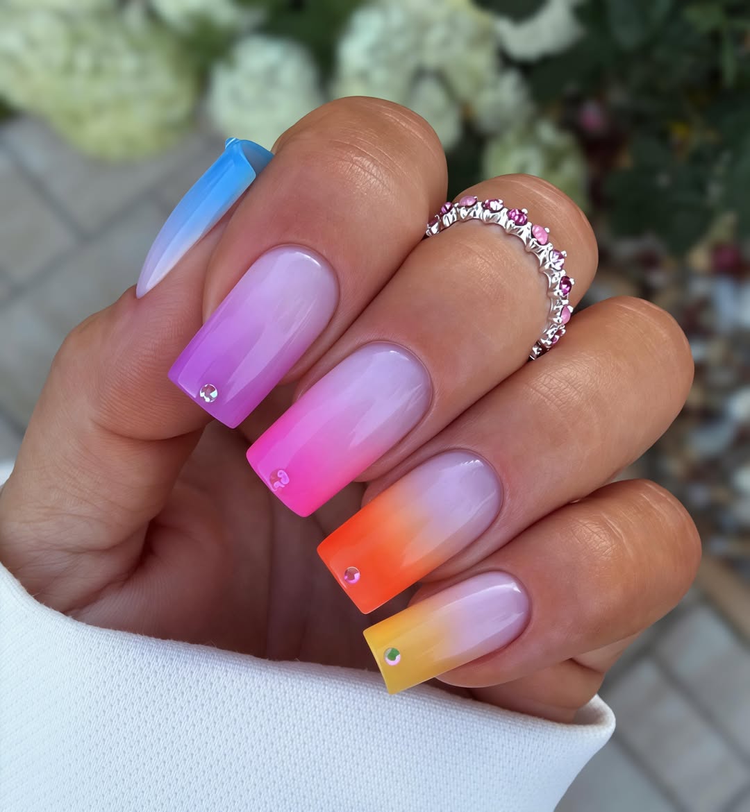 Sunset Ombre Square Nails With Rhinestone Accents