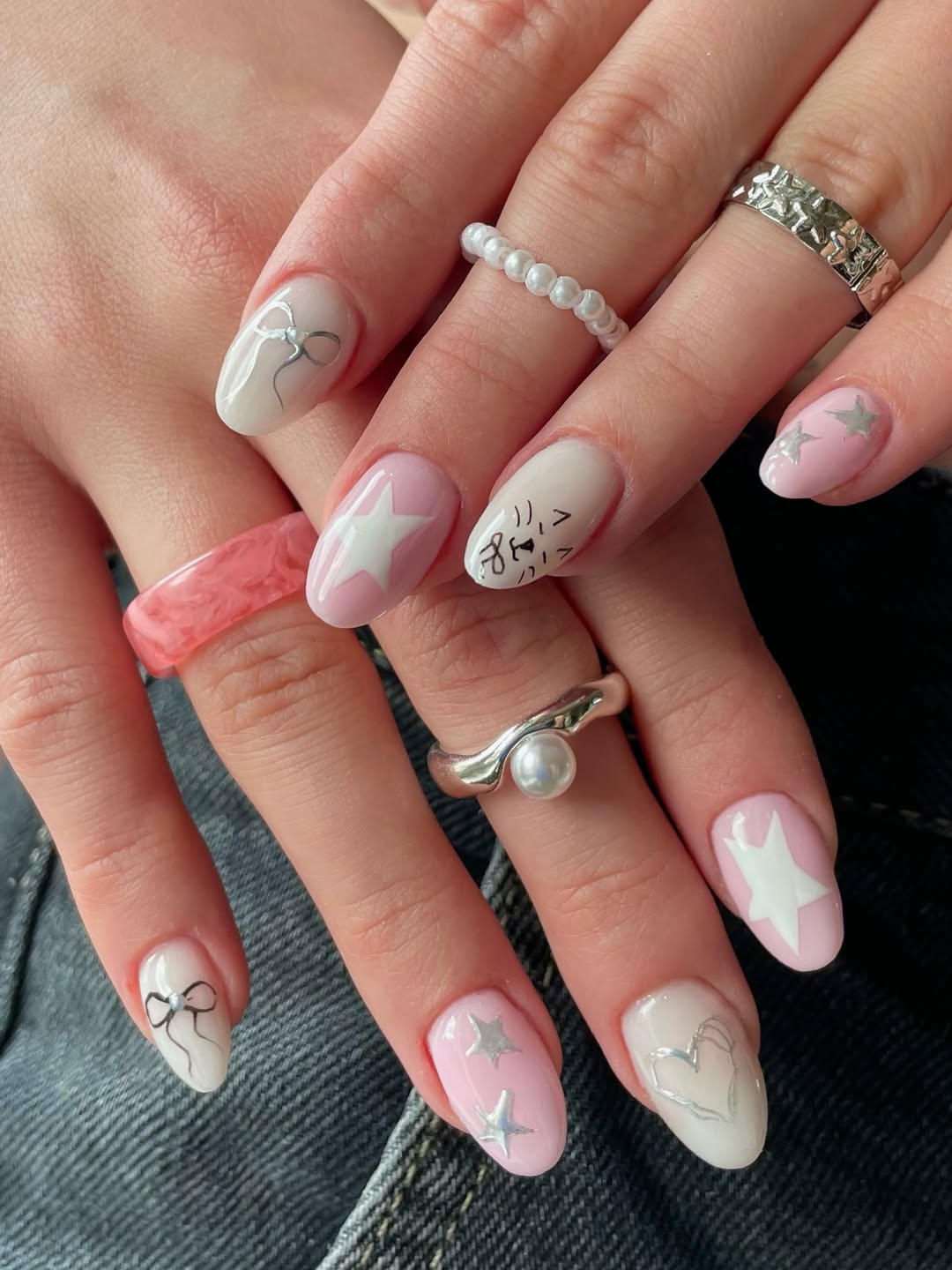 Sweet Dreams Pink and White Starry Nails
