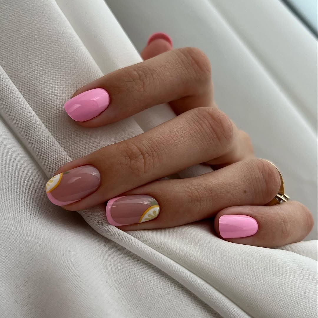 Sweet Pink French Tips With Lemon Slice Art