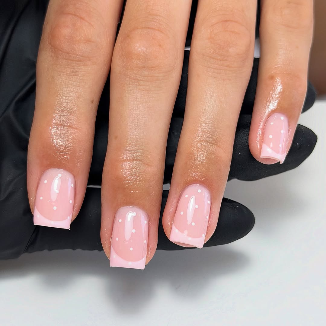 Sweet Pink French Tips With White Polka Dots