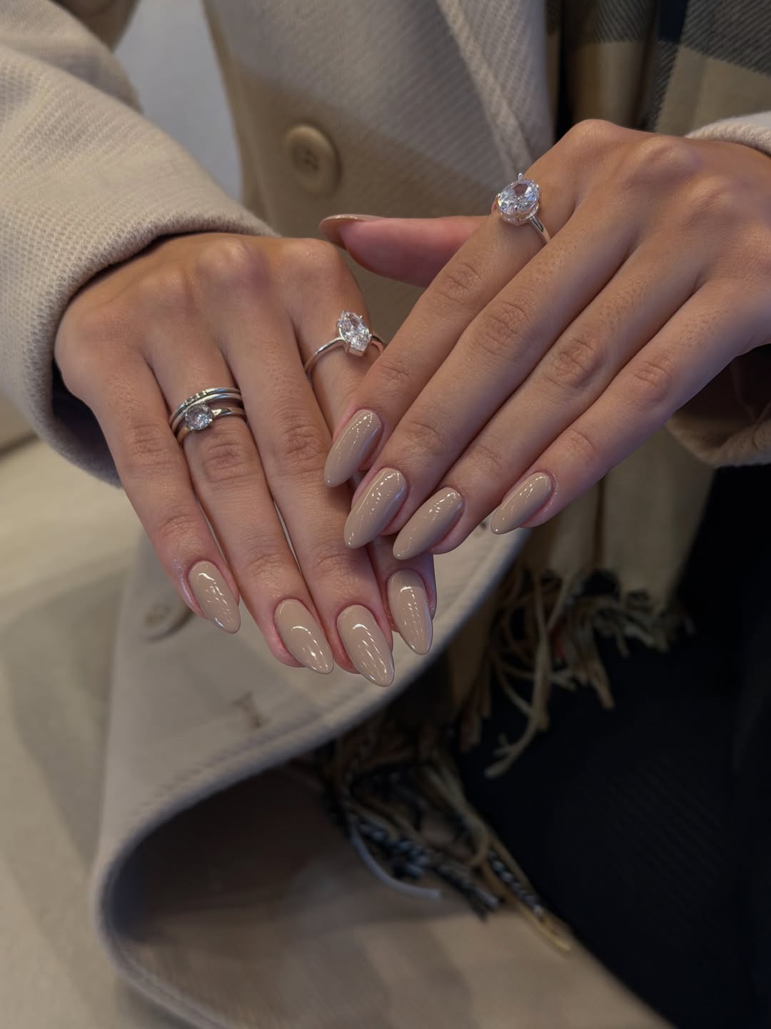 Taupe Almond Glossy Nails With Subtle Warm Undertones