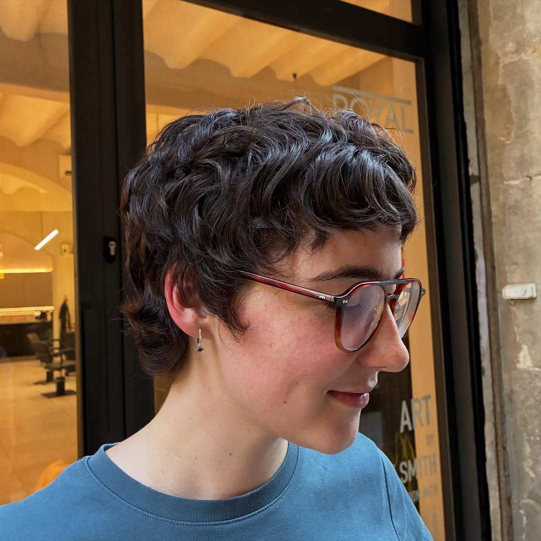 Textured Brunette Curly Pixie With Subtle Fringe