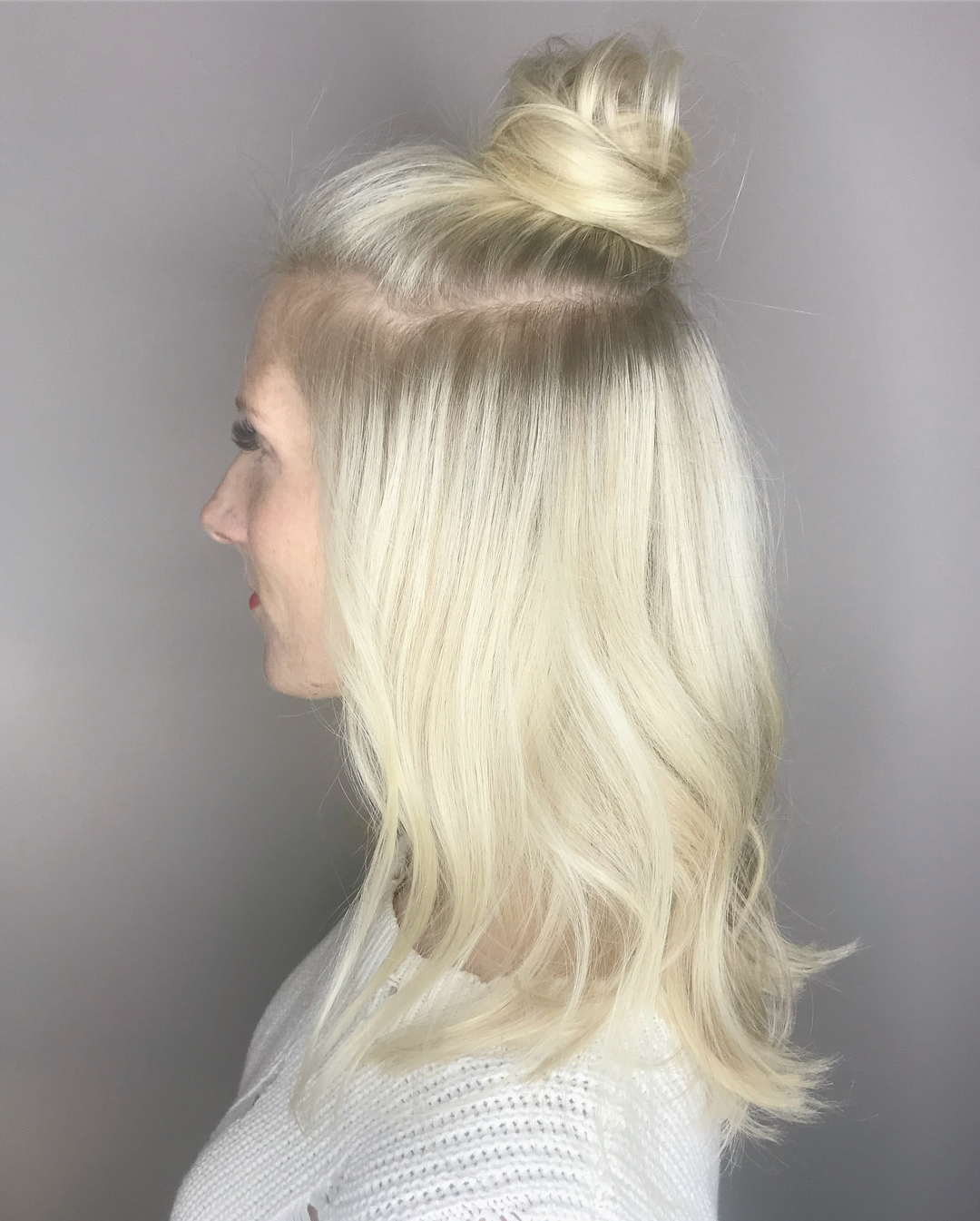 Textured Half-Up Top Knot With Ash Blonde Waves