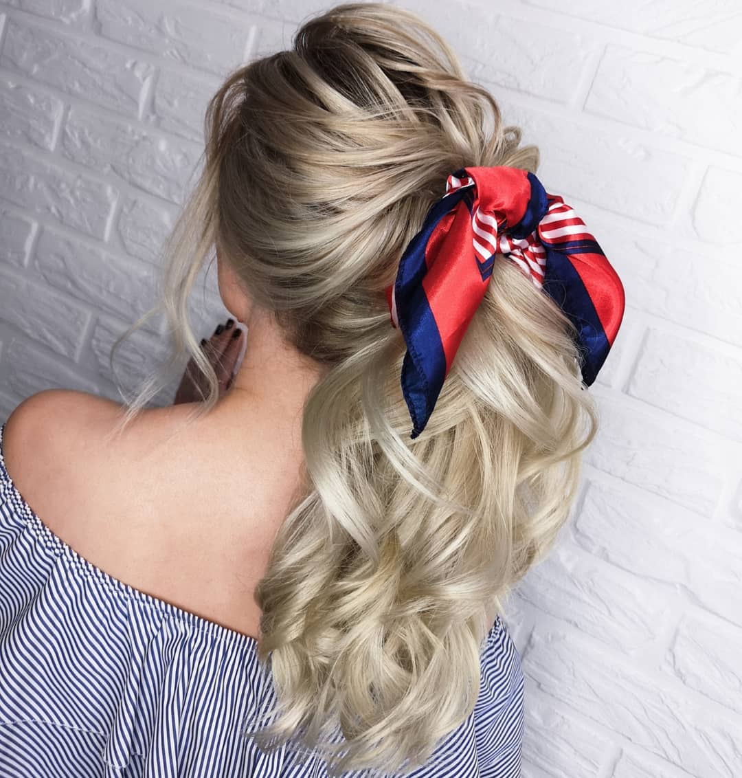 Textured High Ponytail With Silk Scarf Accent