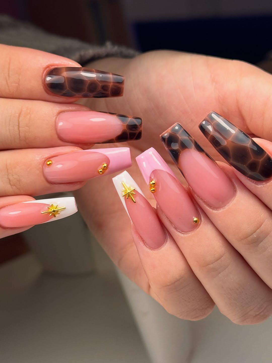 Tortoise French Tip Coffin Nails With Gold Accents