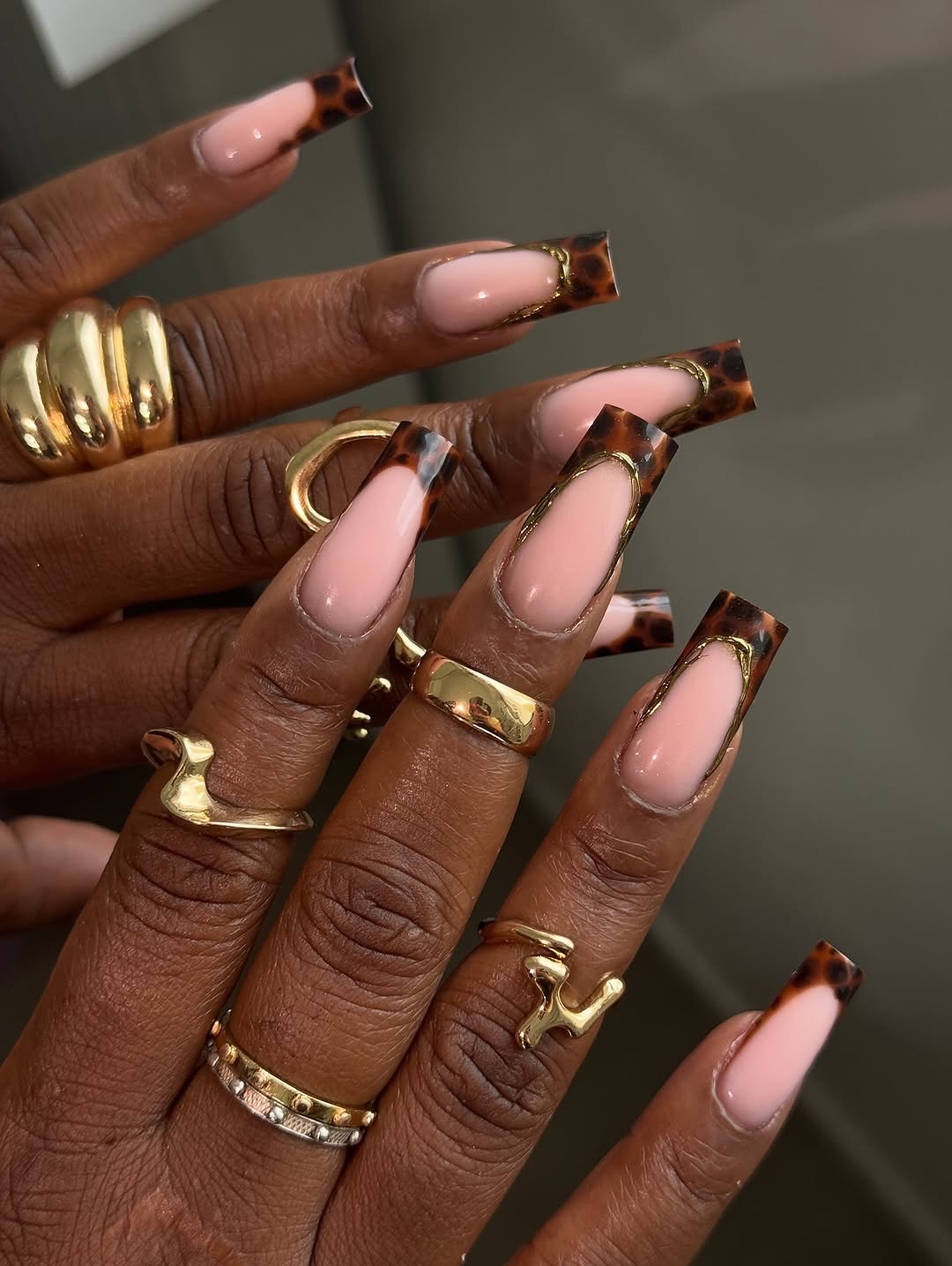Tortoise French Tip Square Nails with Gold Outline