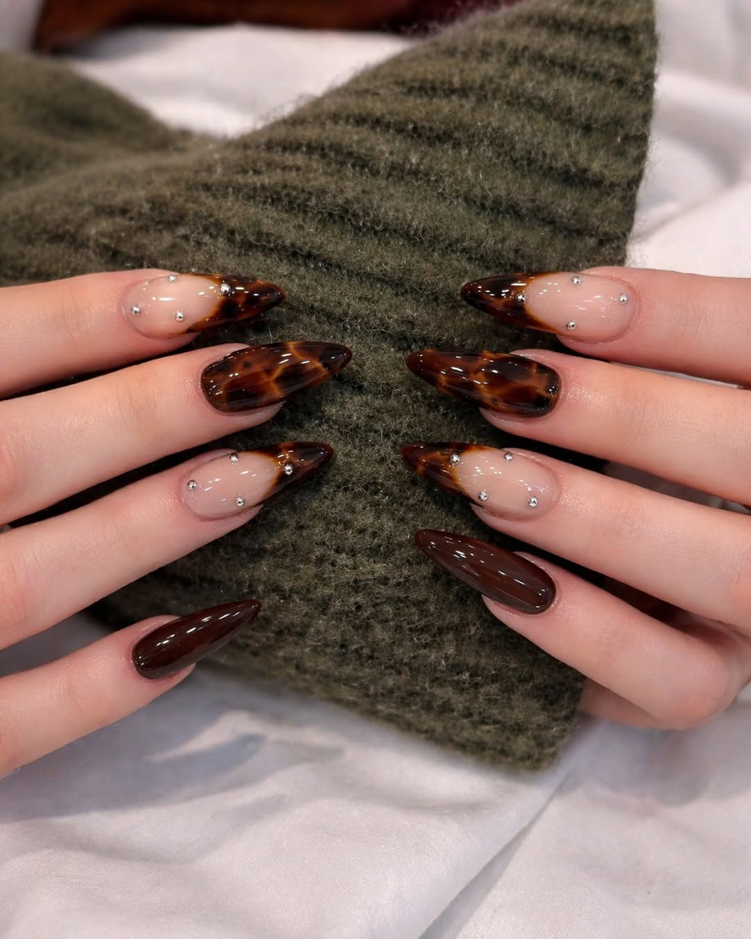 Tortoise Shell Stiletto French with Rhinestone Accents