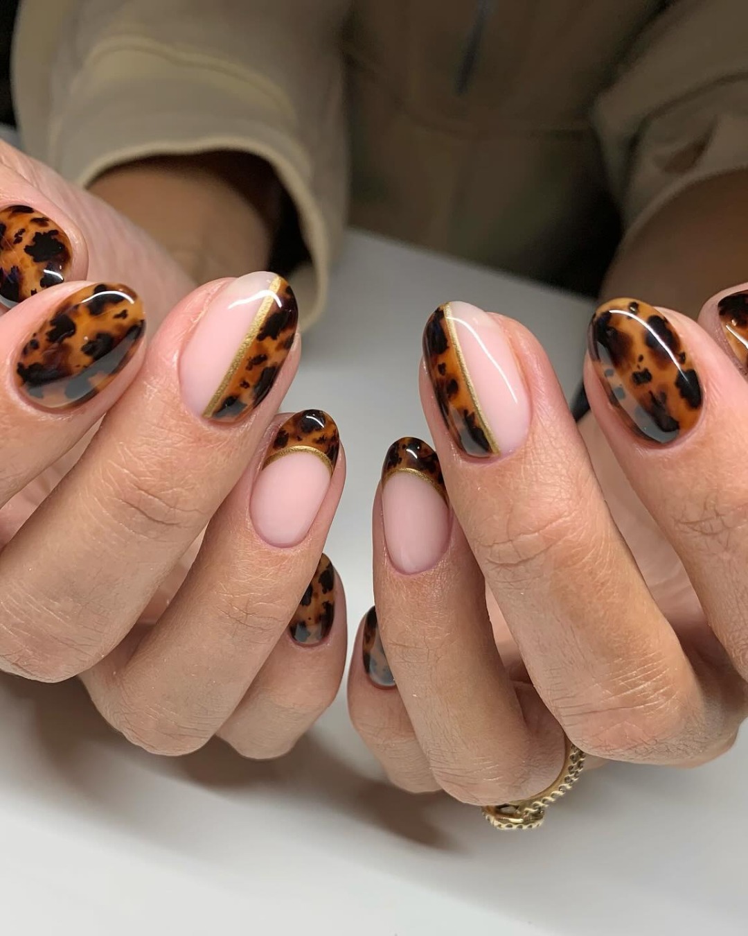 Tortoiseshell French Tips with Gold Accent Line