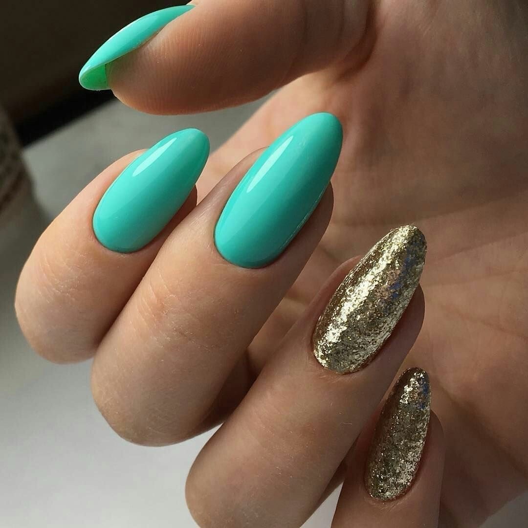 Turquoise Teal Almond With Gold Chunky Glitter Accent Nails