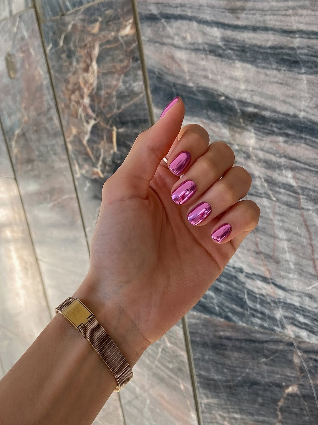 Vibrant Barbiecore Pink Chrome Oval Nails