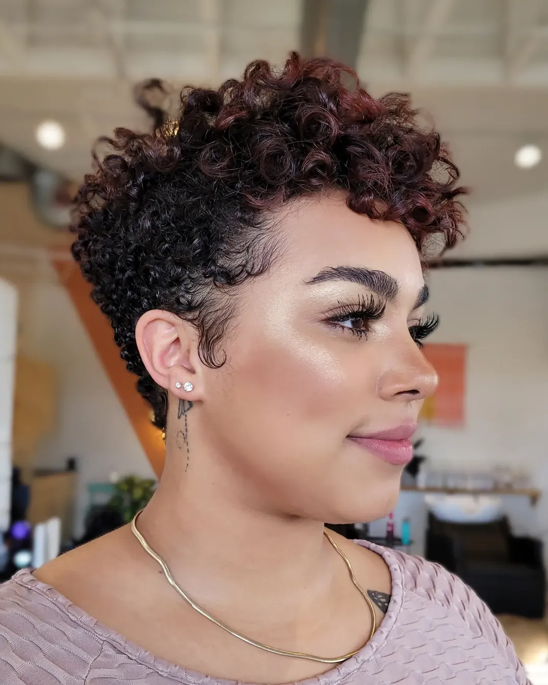 Vibrant Curly Pixie With Cherry Highlights