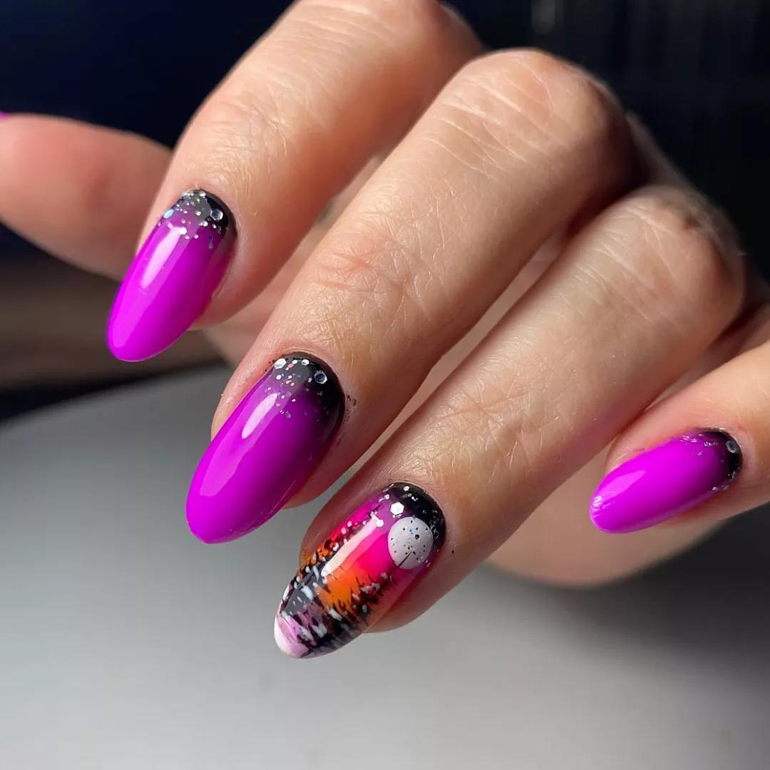 Vibrant Neon Ombre Swirls With Moon Accent Nail