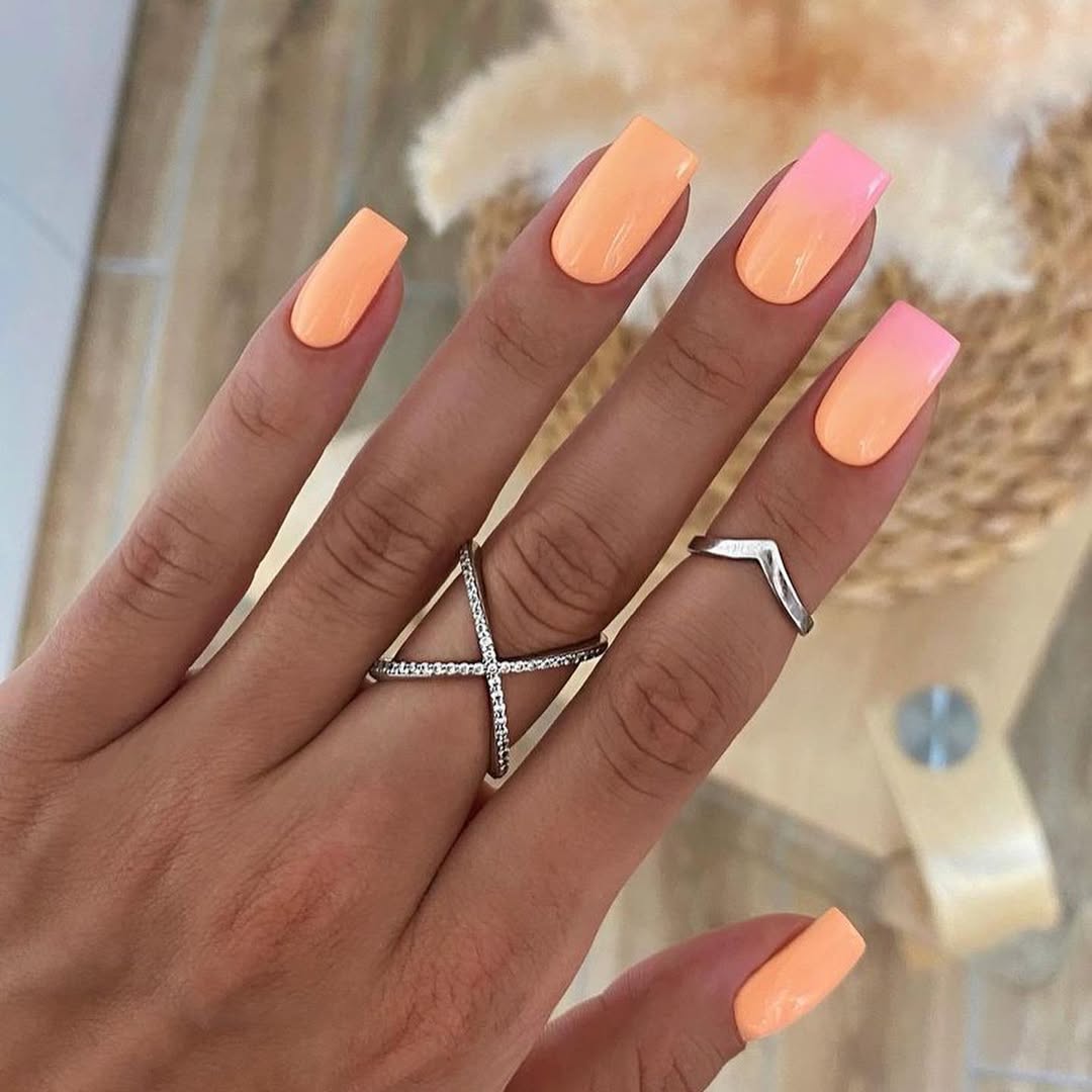 Vibrant Peach Orange to Pink Ombre Square Nails