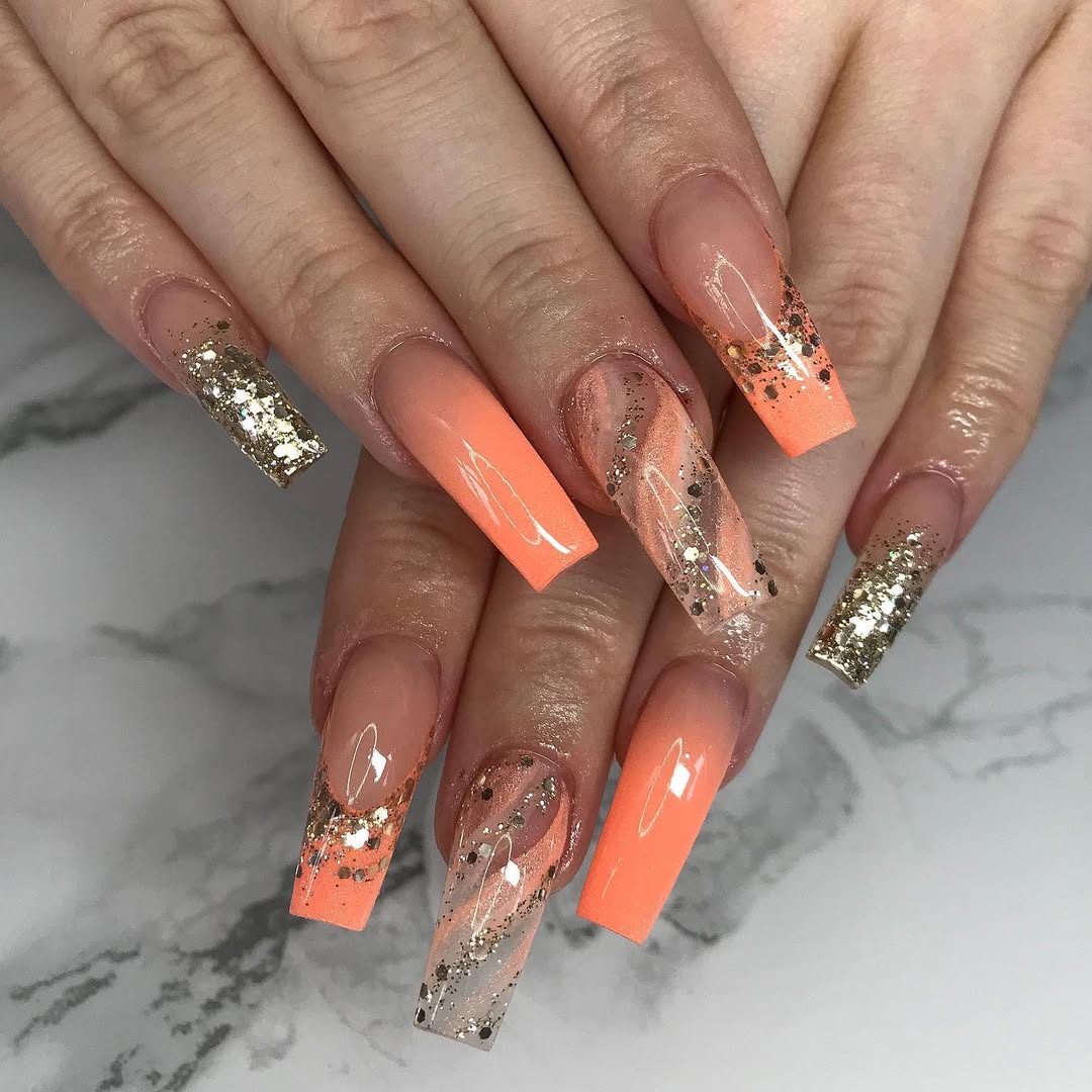 Vibrant Peach V-Cut Glitter French Coffin Nails