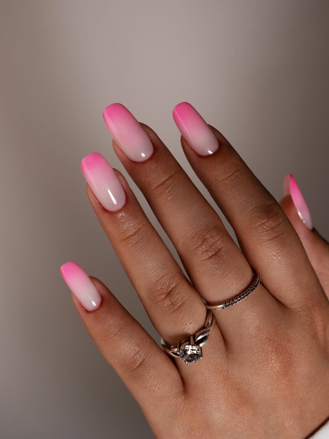 Vibrant Pink and White Ombre Glossy Coffin Nails