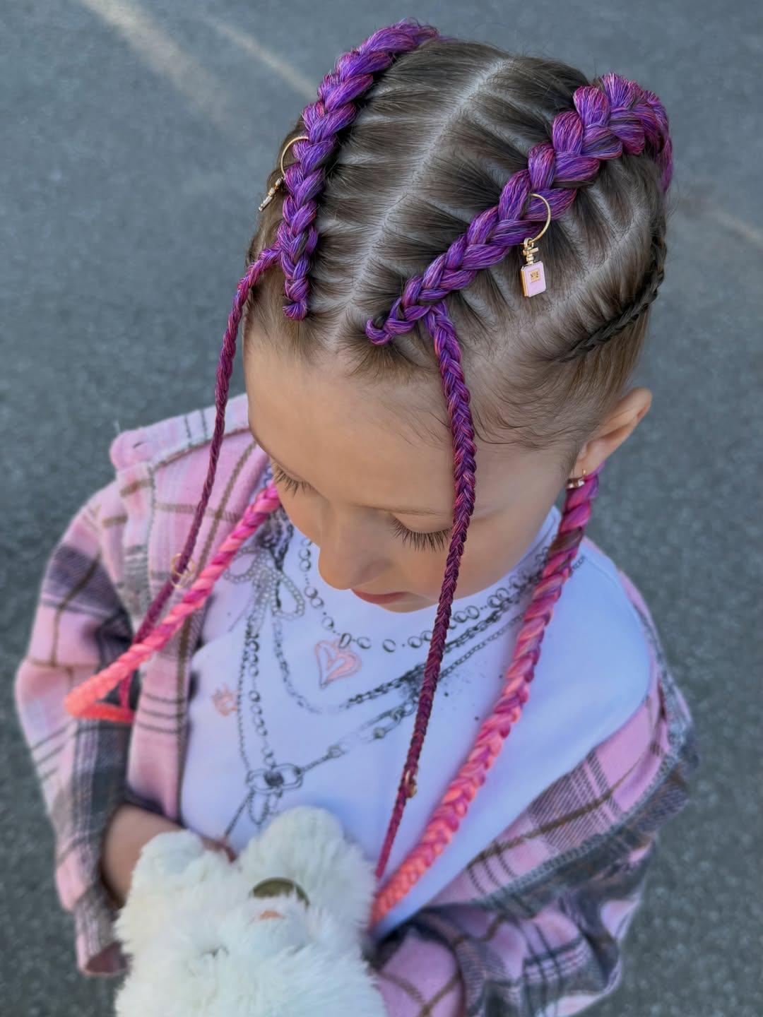 Vibrant Purple Cornrows With Pink Braids And Charms